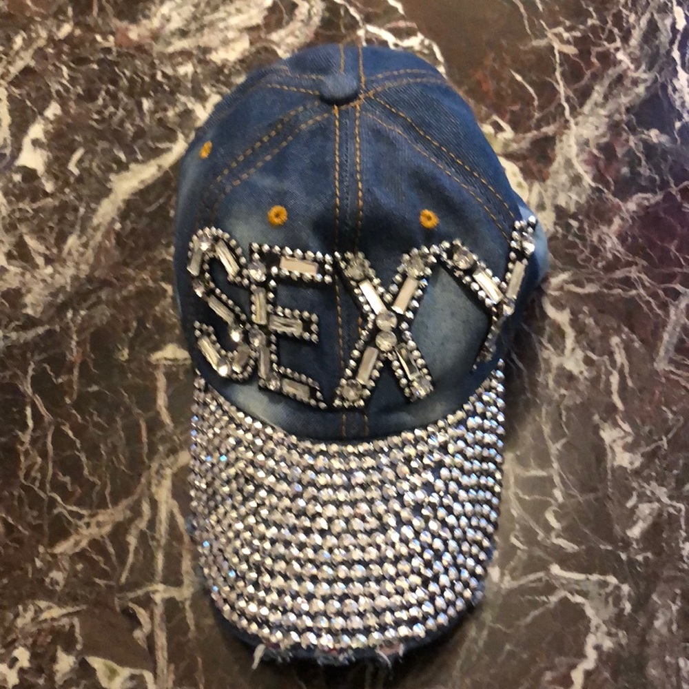 Denim hat with rhinestones and silver decoration